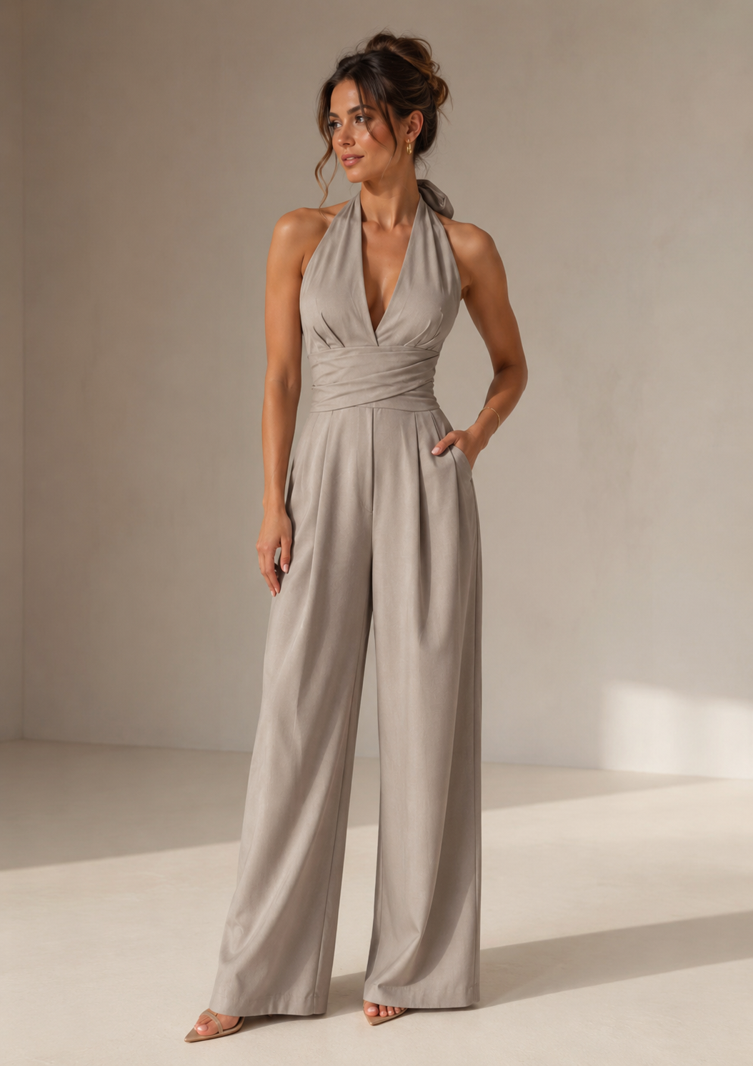 Taupe halter jumpsuit met wide leg