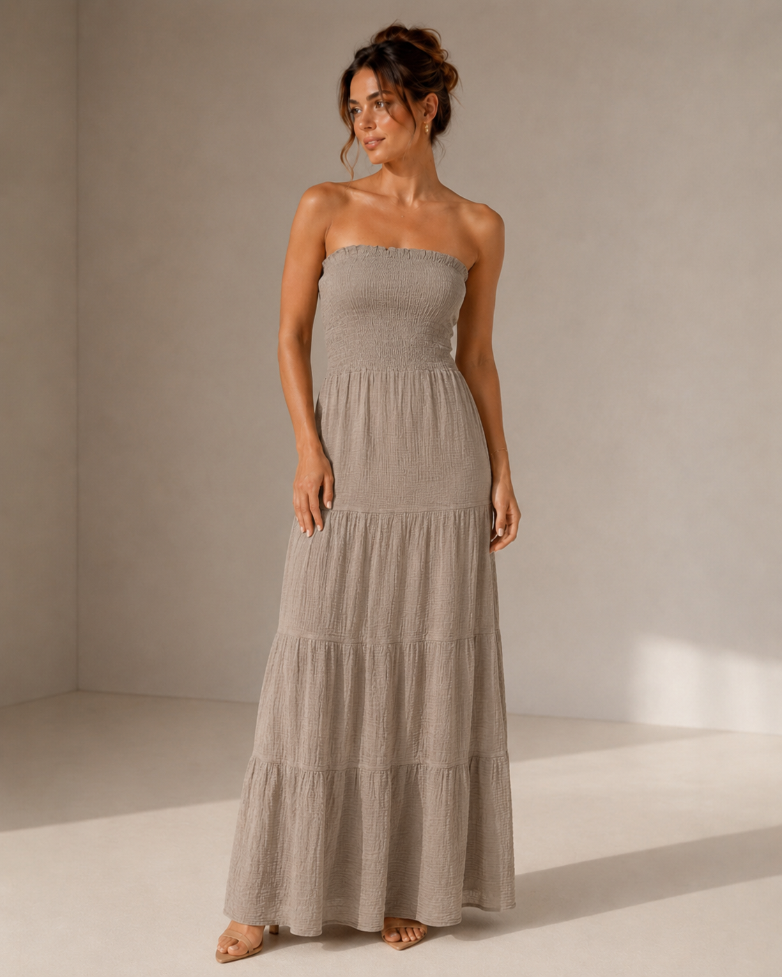 Taupe strapless maxi jurk – 100% katoen