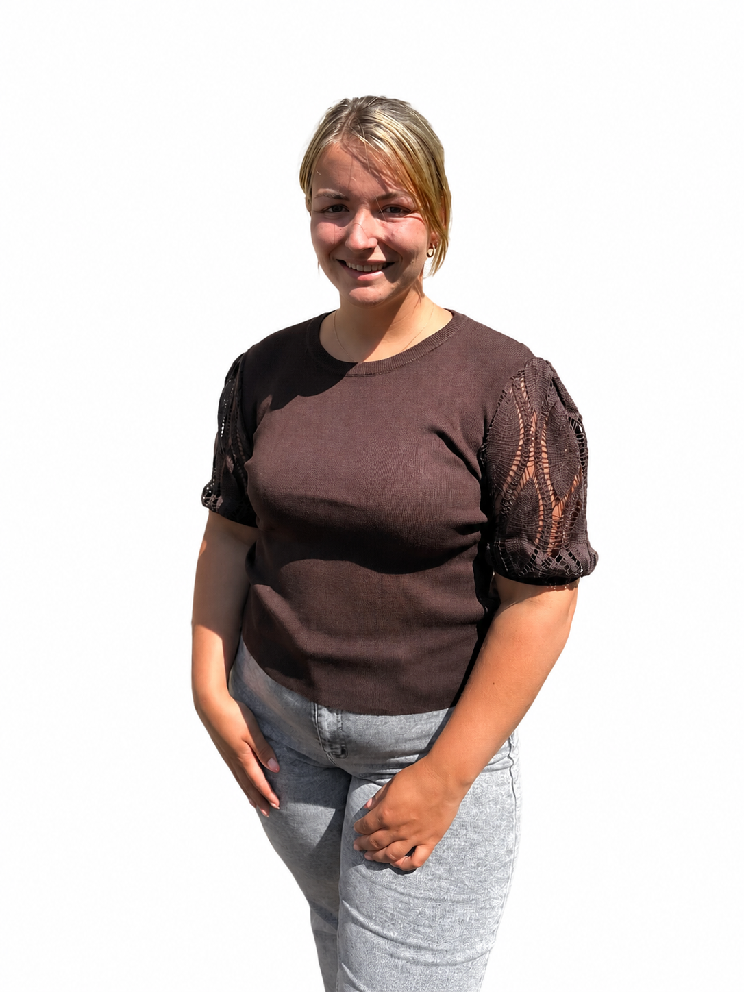 Bruine Top met Kanten Pofmouwen