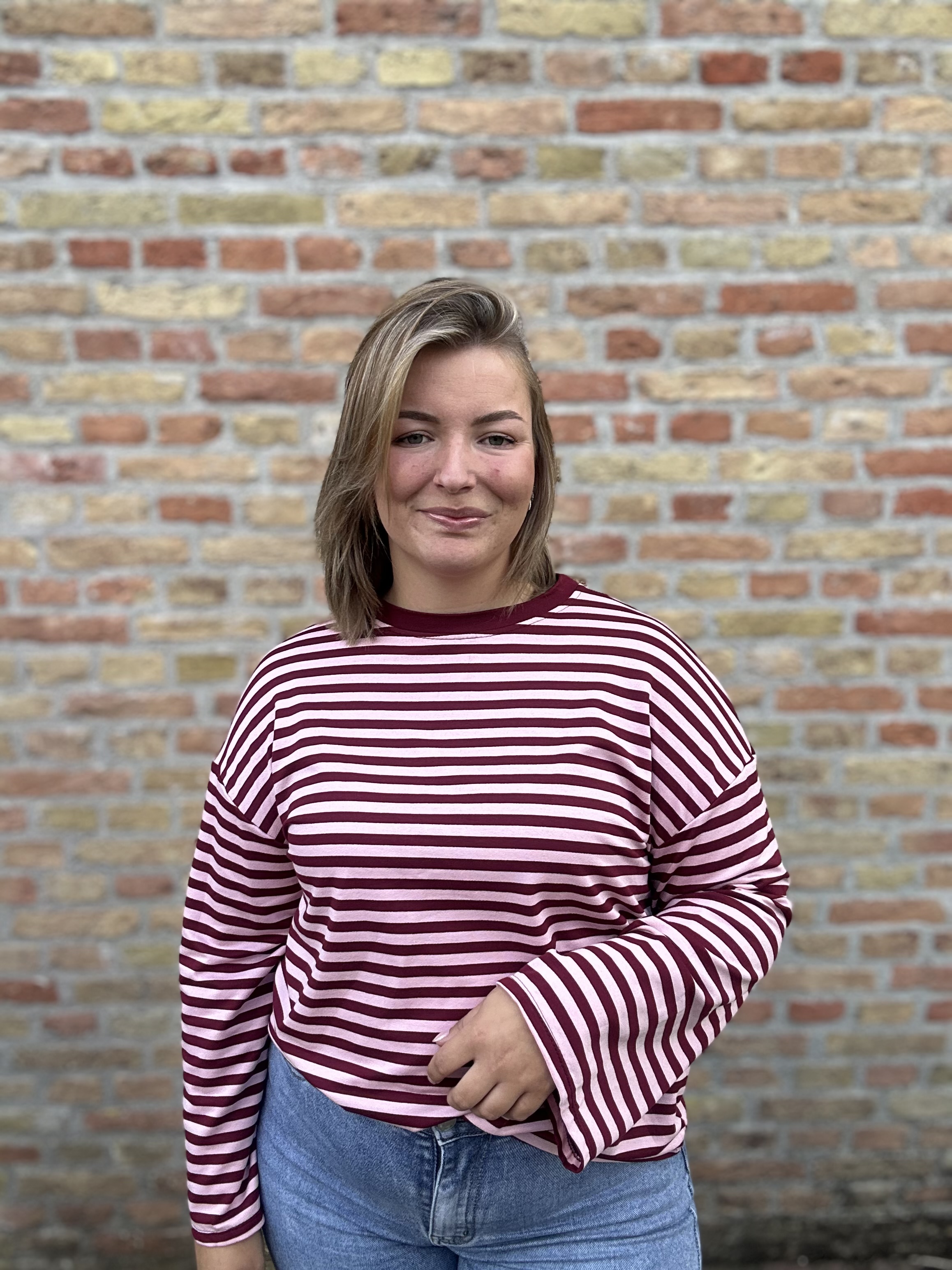 Gestreepte longsleeve bordeaux/roze
