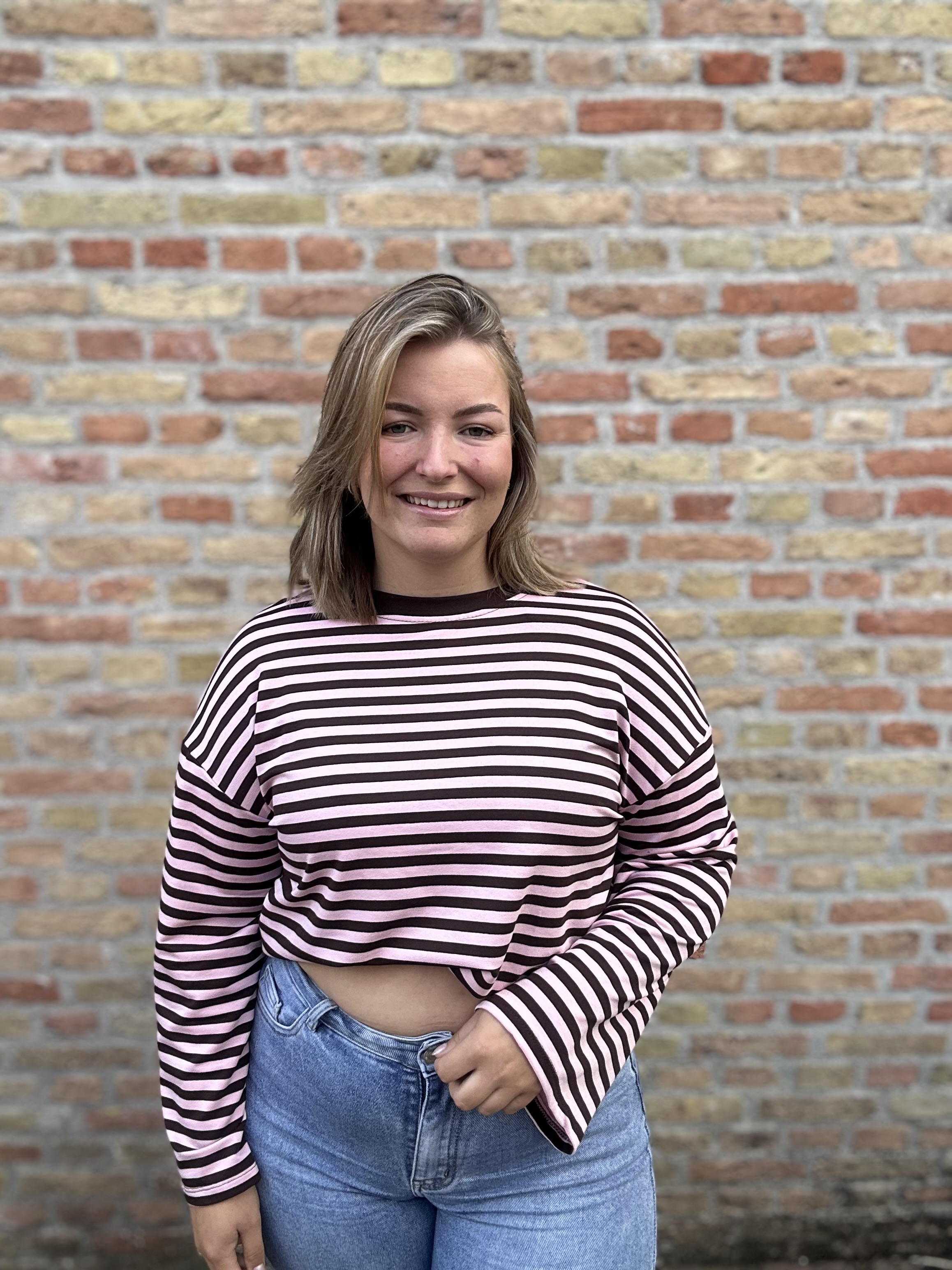 Gestreepte longsleeve bruin/roze